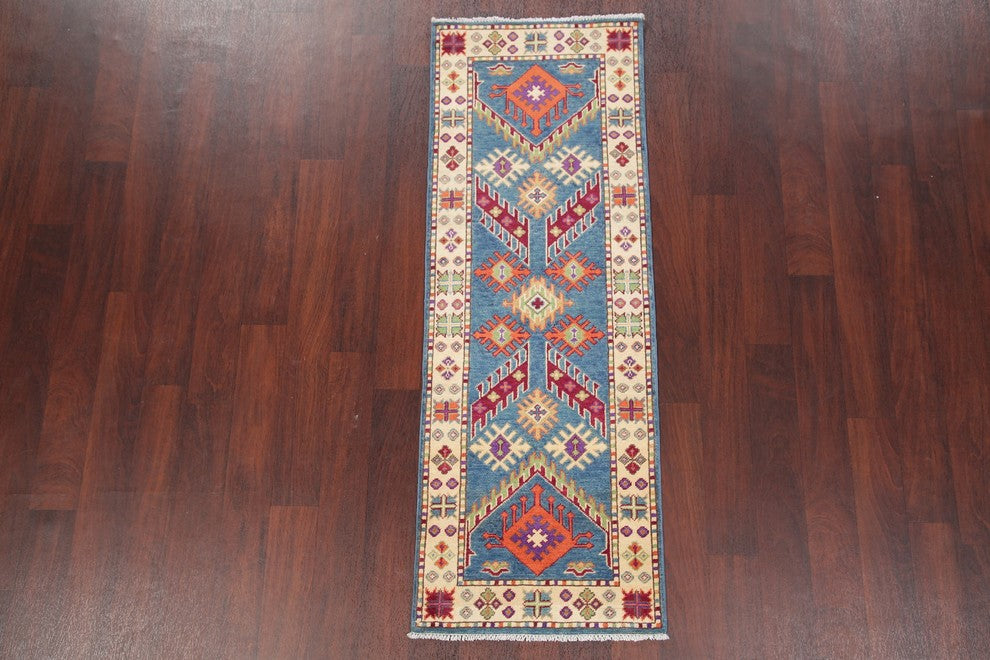 Kazak Oriental Hand-Knotted Traditional Pakistani Runner Rug, Blue, 5'10"X2'1"