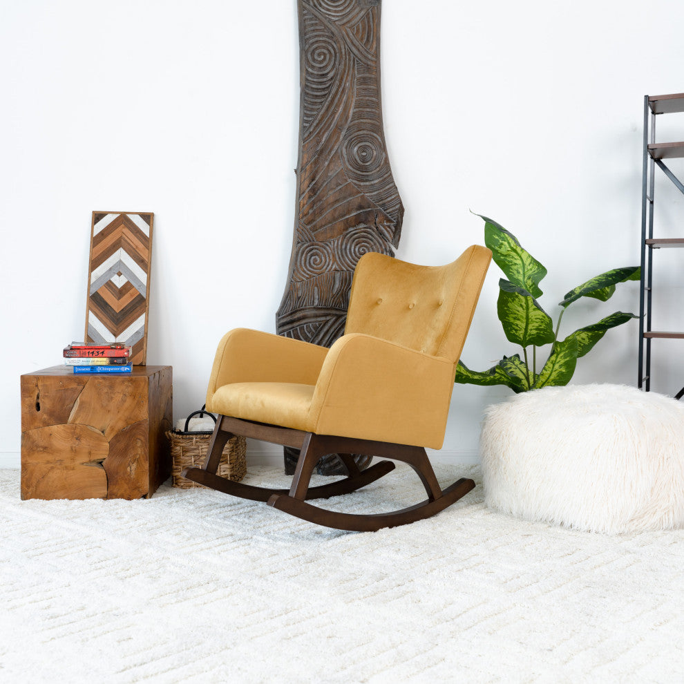 Charlotte Mid-Century Tufted Back Velvet Upholstered Rocking Chair, Yellow