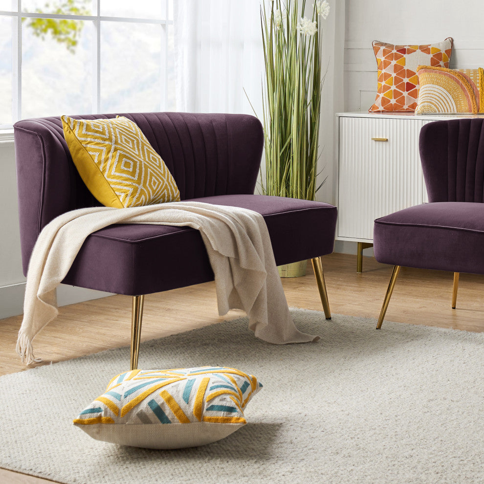 Velvet Tufted Loveseat Sofa With Golden Base, Purple