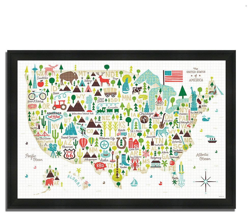 "Illustrated Usa" By Michael Mullan, Framed Painting Print, Ready To Hang