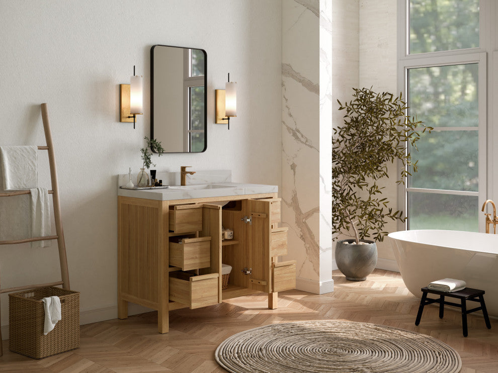 Elizabeth 42 Single Sink Bath Vanity in Light Natural Teak 2" Carrara Quartz