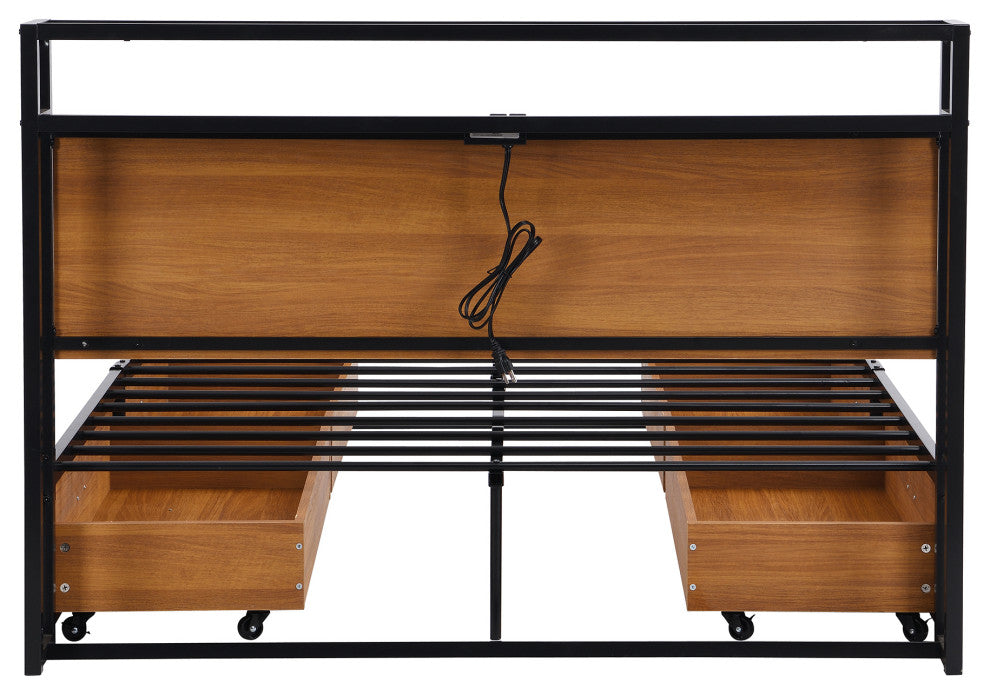 Full/Queen Metal Frame Wood Platform Bed with Four Drawers, Sockets and USB Port