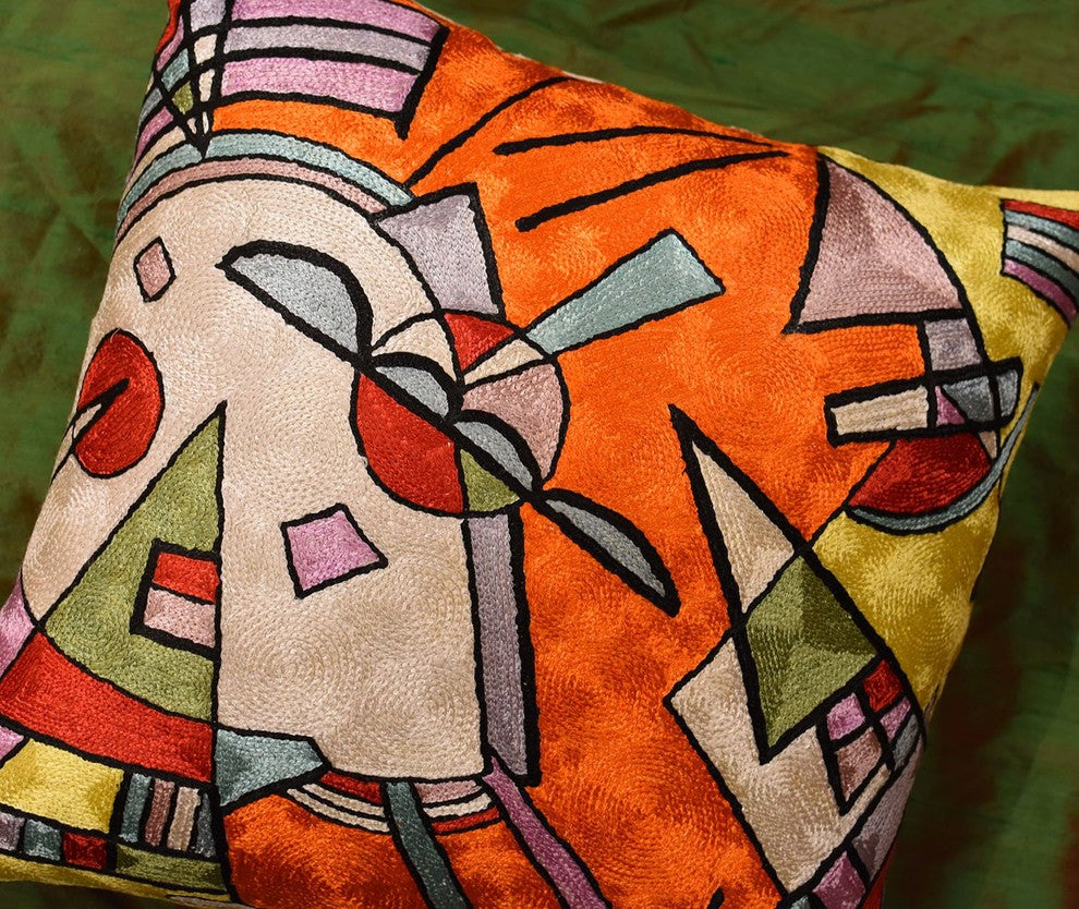 Kandinsky Orange Abstract Throw Pillow Cover Handembroidered Art Silk 18x18"