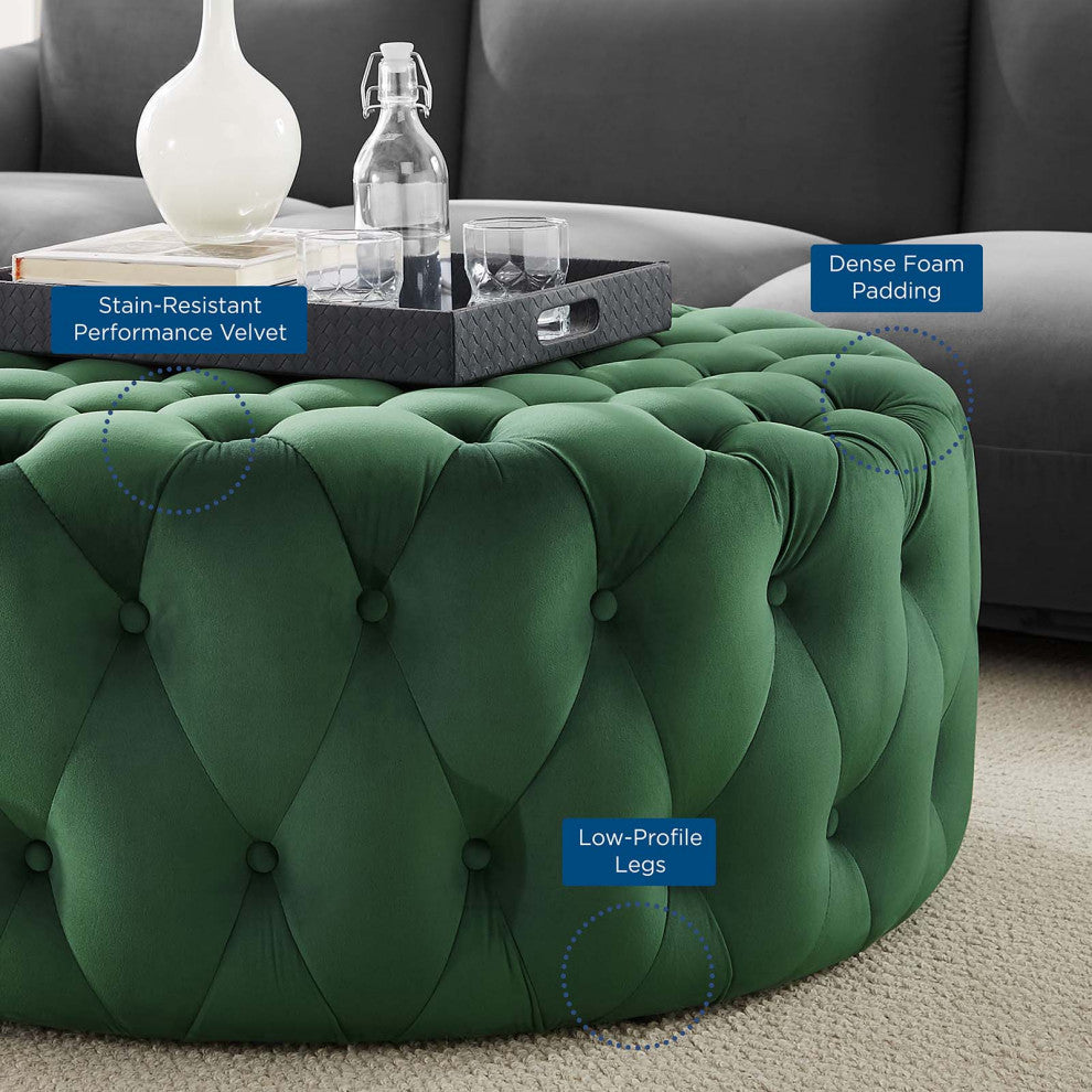Round Ottoman Accent Tufted Chair, Green, Velvet, Modern, Lounge Hospitality