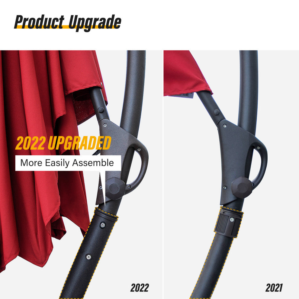 11' Outdoor Patio Hanging Cantilever Curvy Umbrella With 360 Rotation, Red