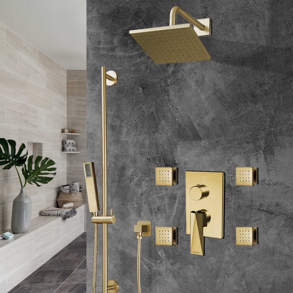 Bravat Brushed Gold Square Shower Set, Valve Mixer 3-Way Concealed Wall Mount