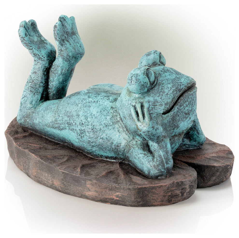Alpine Frog Laying Down on a Leaf Statue, 8"Tall