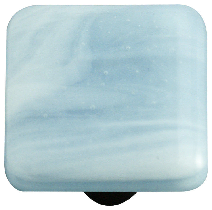 Art Glass Square Swirl Knob, Alum Post, White Swirl Powder Blue