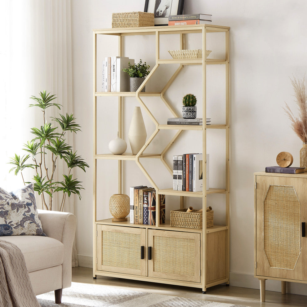 Gewnee Rattan bookshelf 7 tiers Bookcases Storage Rack