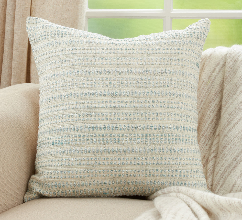Woven Pillow With Line Design, Aqua, 22"x22", Cover Only