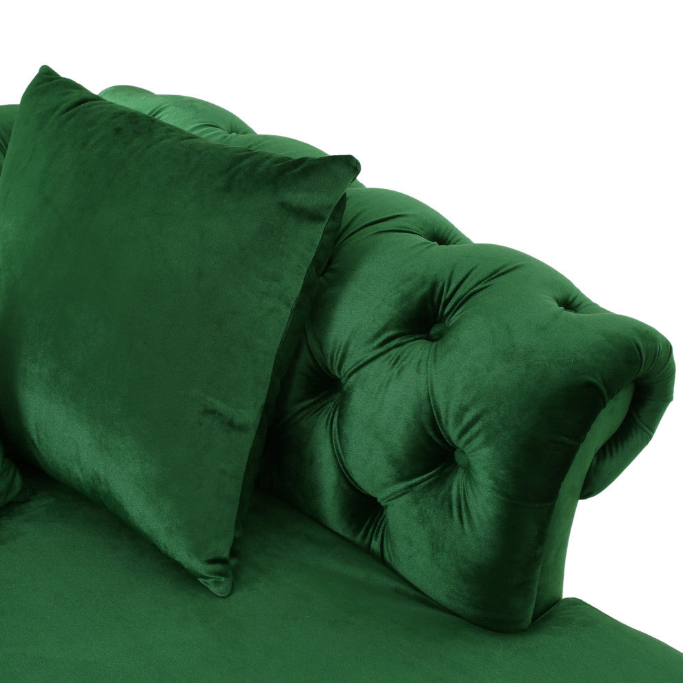 Harrisville Modern Tufted Velvet Tete-a-Tete Chaise Lounge with Accent Pillows, Emerald + Dark Brown