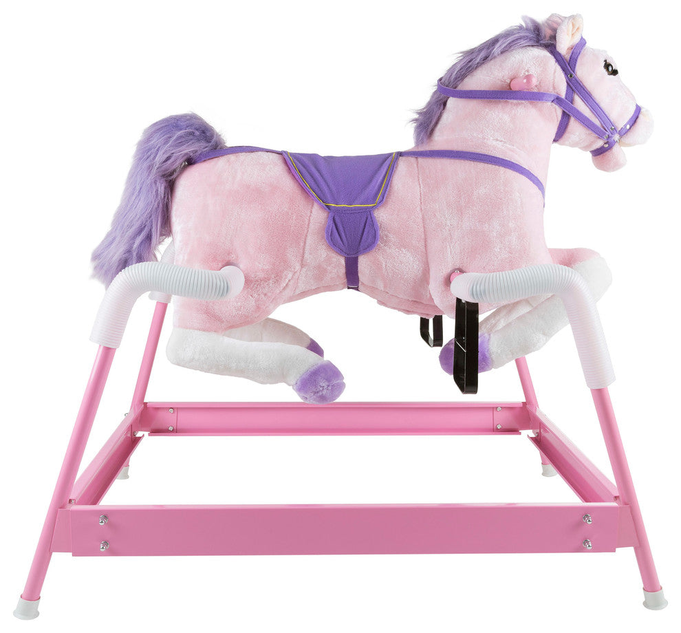 Spring Rocking Horse Plush Ride on Toy with Stirrups and Sounds, Pink