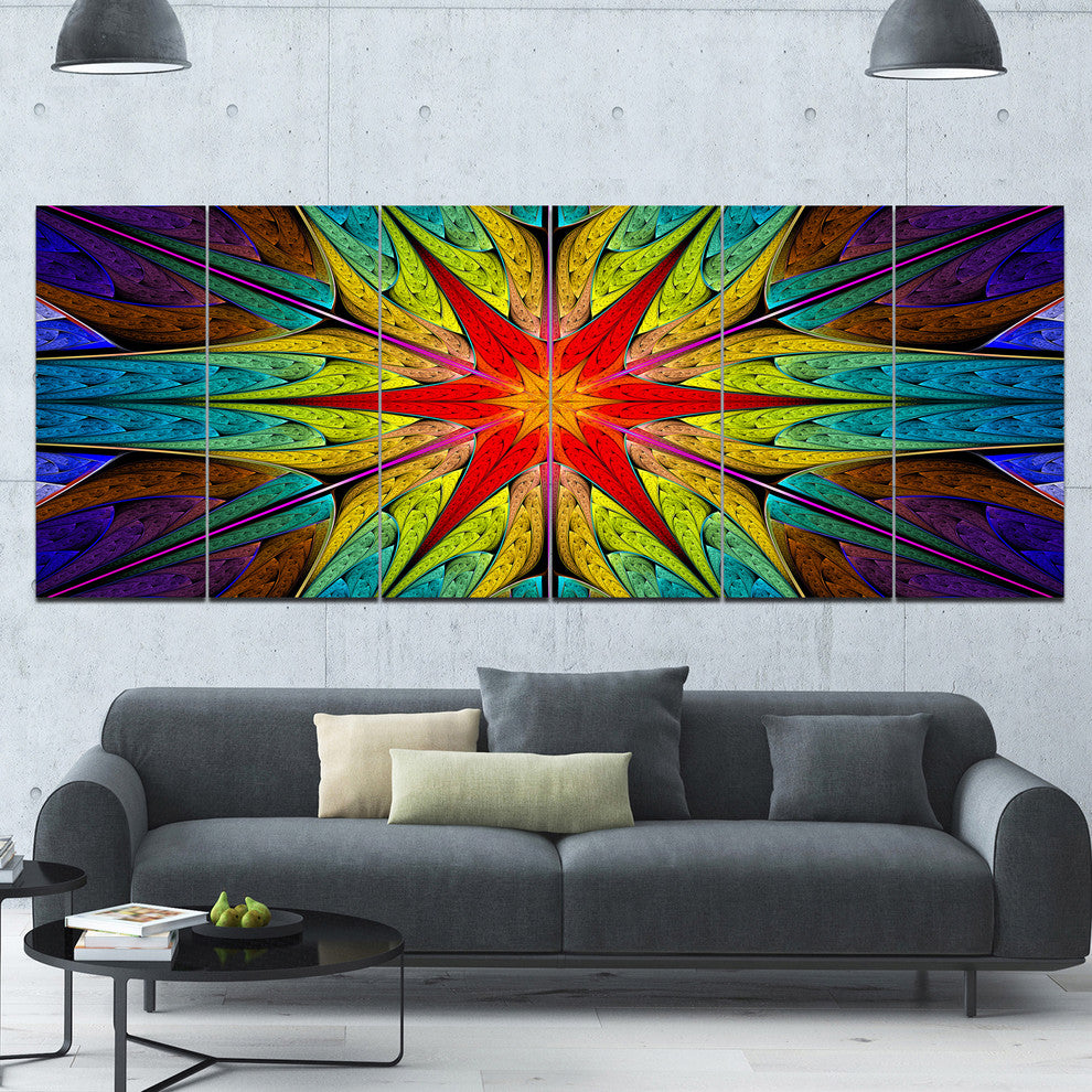 Stained Glass with Bright Red Star, Abstract Wall Art Canvas, 70"x28", 6 Panels
