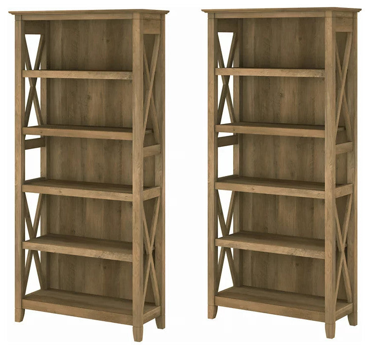 Set of 2 Farmhouse Bookcase, Open Shelves With X-Sides, Reclaimed Pine