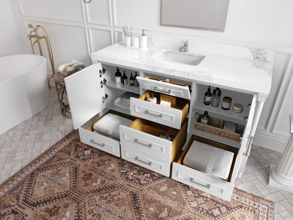 Aberdeen 60 Single Bathroom Vanity in White 2" Carrara Quartz