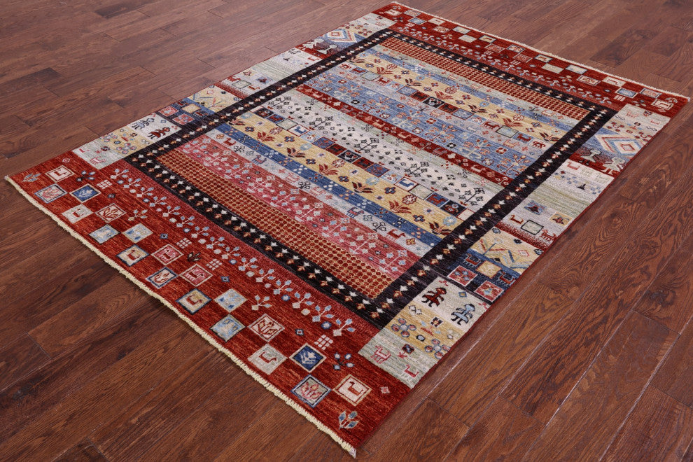 Persian Gabbeh Tribal Hand Knotted Wool Rug 5' 0" X 6' 9" Q10375