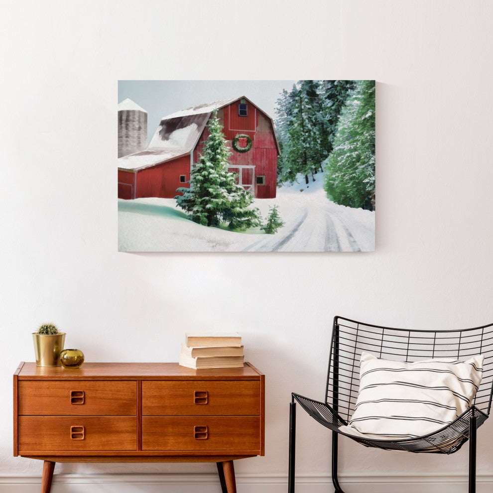 Painted, Snowy Red Barn 30x20 Canvas Wall Art