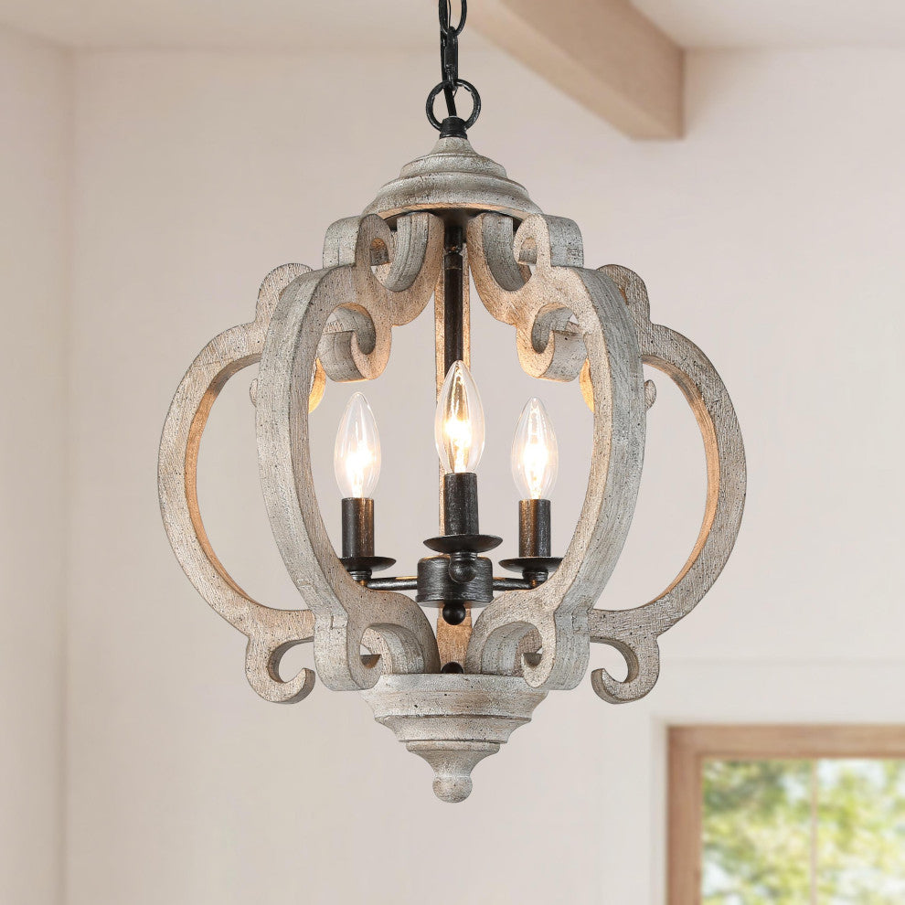 LNC 3-Light Distressed Wood Grayish White Farmhouse Latern Chandelier