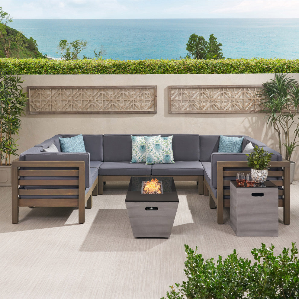 Esther Outdoor Modern 8 Seater Acacia Wood Sectional Sofa Set With Fire Pit