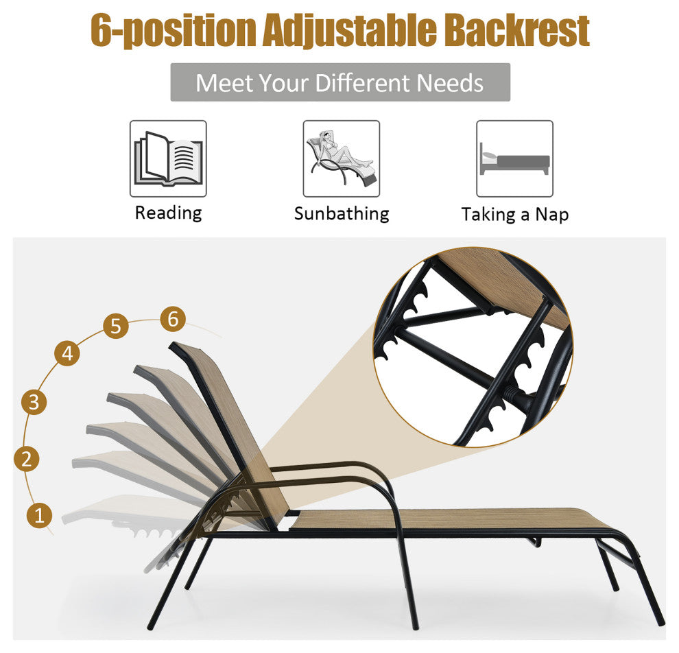Costway 6PCS Patio Lounge Chair Chaise Adjustable Recliner Stack No Assembly