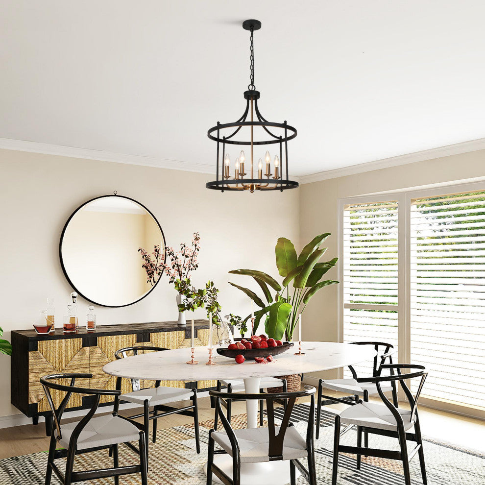 LNC Lepetos 6-Light Matte Finish Modern Cage Chandelier, Black and Brass