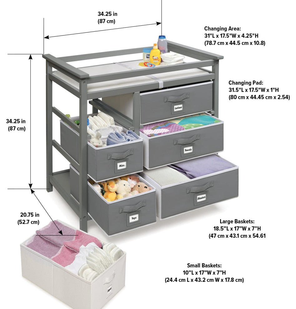 Modern Baby Changing Table with 6 Storage Baskets and Pad, Gray
