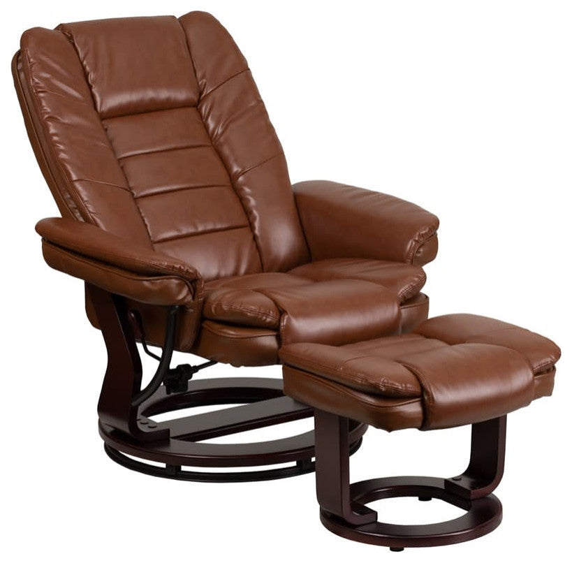 Leather Recliner and Ottoman, Mahogany Wood Base, Brown Leather