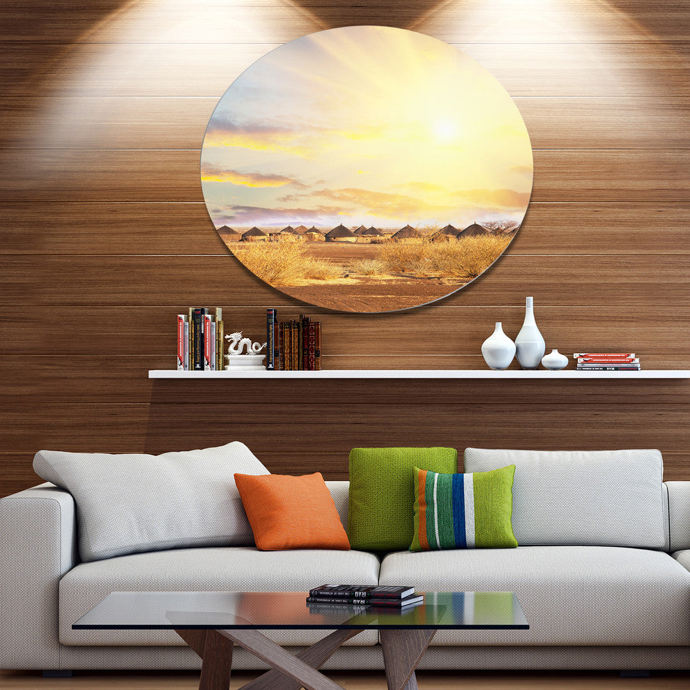African Huts Under Colorful Sky, Landscape Disc Metal Artwork, 36"
