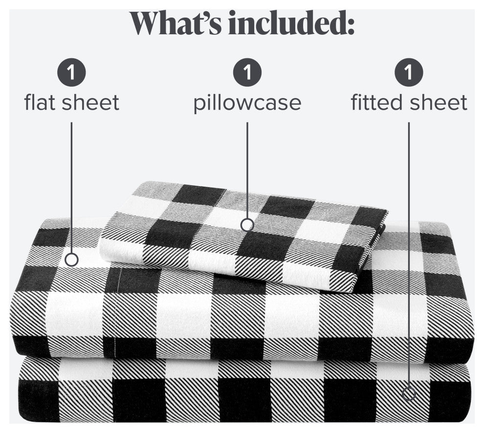 Bare Home Cotton Flannel Sheet Set, Buffalo Plaid - White/Black, Twin