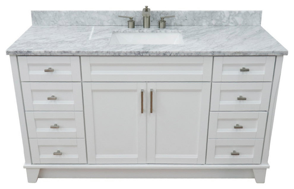 61" Single Sink Vanity, White Finish And White Carrara Marble