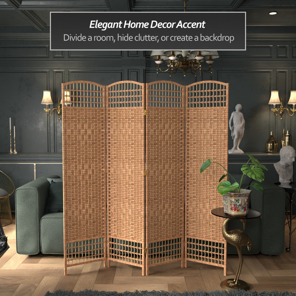 5 1/2' Tall Fiber Weave Room Divider, Natural, 4 Panel