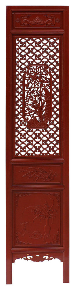 Chinese Red Geometric Flower Bird Accent Narrow Floor Panel Headboard