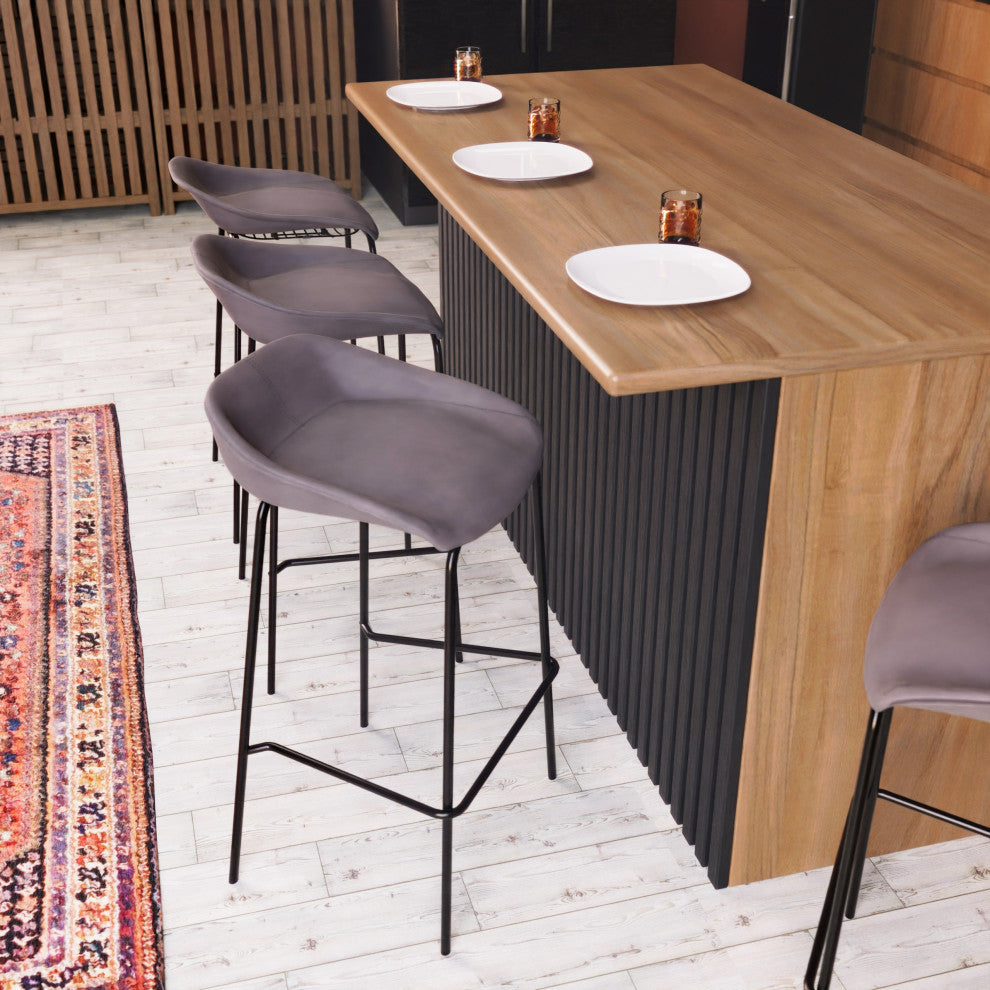 LeisureMod Servos Barstool With Faux Leather Seat and Iron Frame, Light Gray