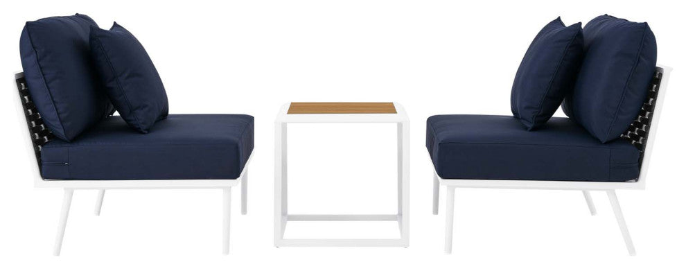 Lounge Chair Table Set, Navy White, Aluminum, Modern, Outdoor Patio Hospitality