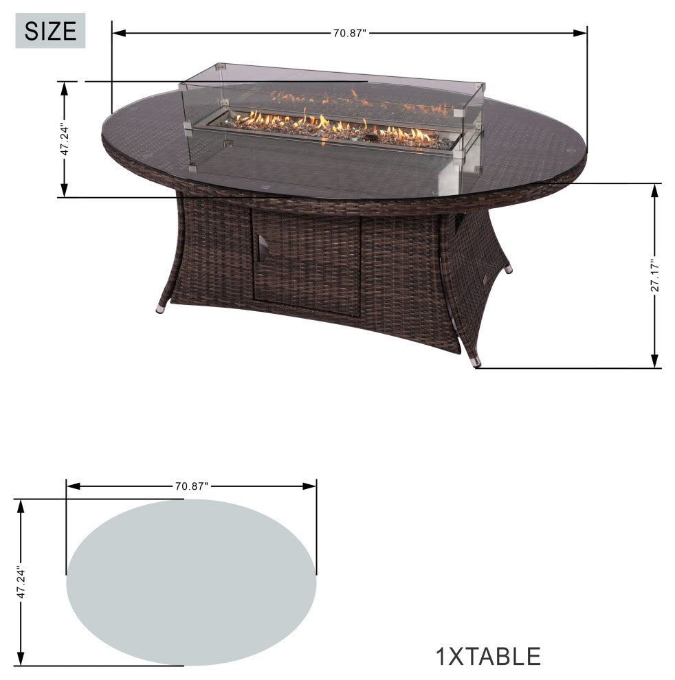 7-Piece Outdoor Gray Wicker Sofa Set with Chairs, Brown Fire Pit Table