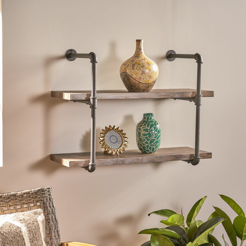GDF Studio Caden Two Tier Faux Wood Wall-Mounted Shelf, Dark Brown/Texture Brown