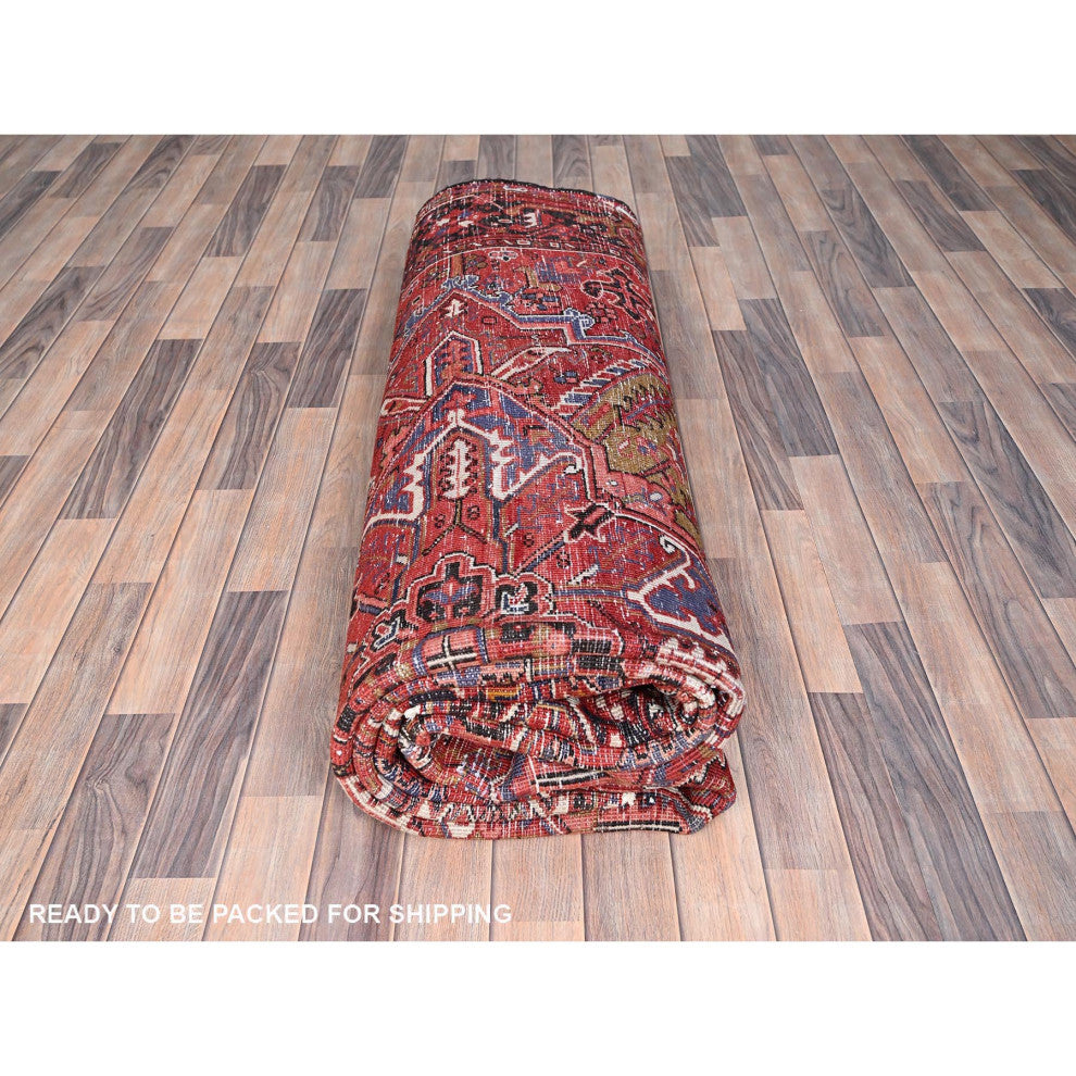 Cardinals Red Pure Wool Hand Knotted Semi Antique Persian Heriz Rug 9'4"x12'5"