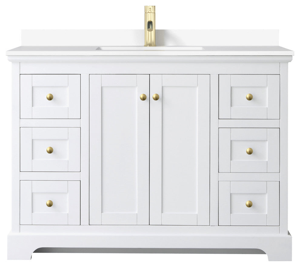 48" Single Bath Vanity, White, White Cult. Marble Countertop, Sink, Gold Trim
