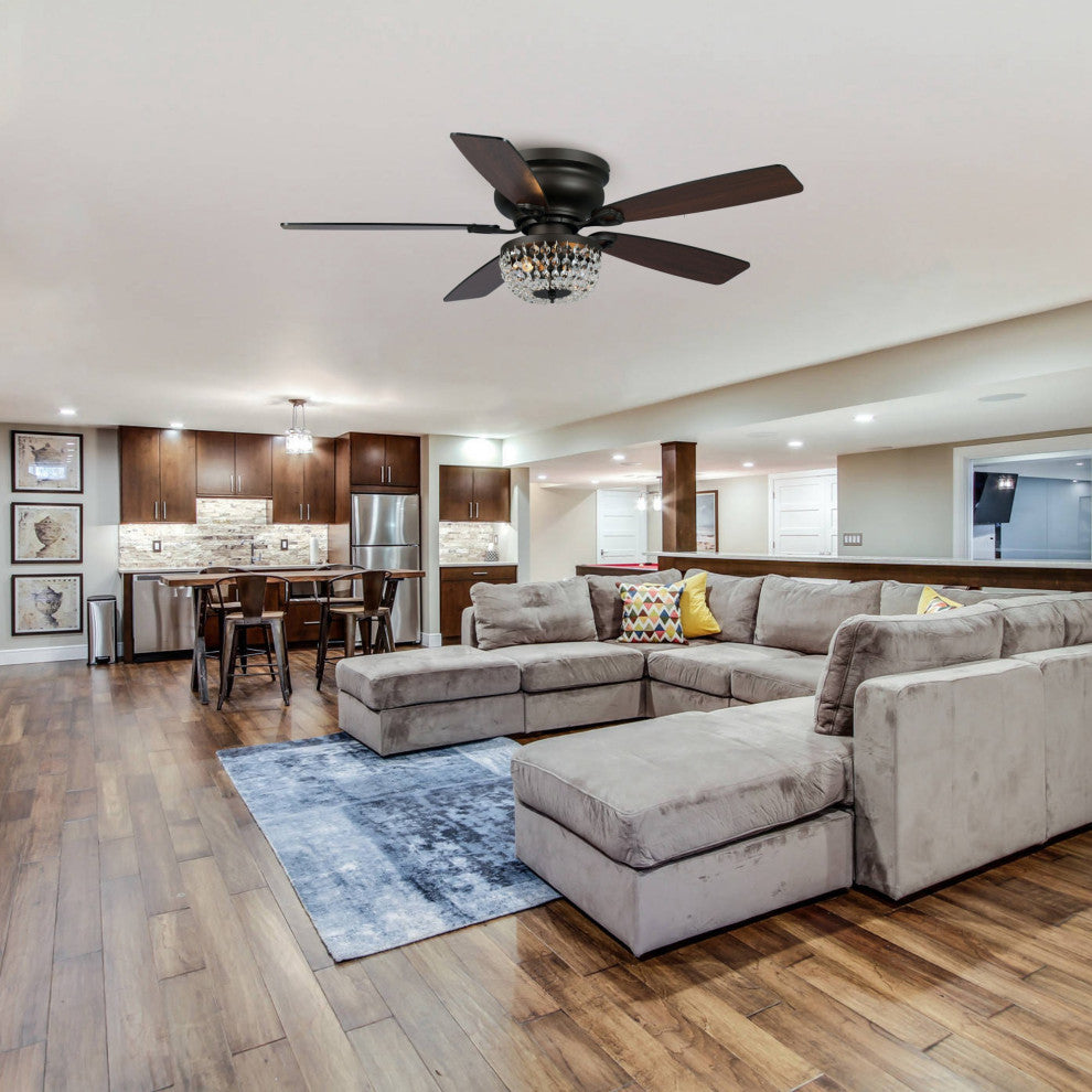 48 in. New Bronze Flush Mount Crystal Ceiling Fan with Light Kit and Remote