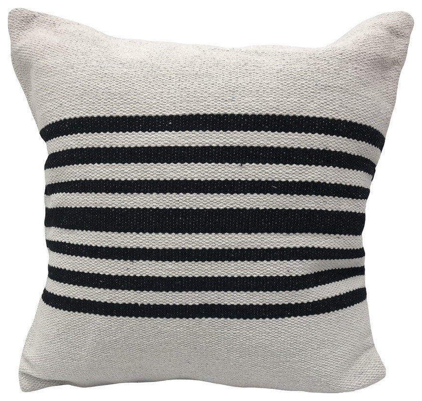 Ox Bay Handwoven White/Black Stripe Organic Cotton Pillow Cover, 22"x22"