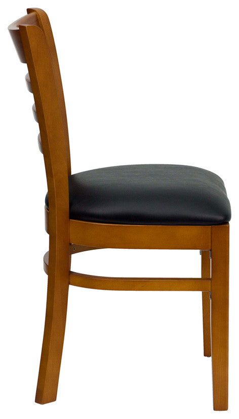 Ladder Back Cherry Wood Dining Chair, Black Vinyl Seat