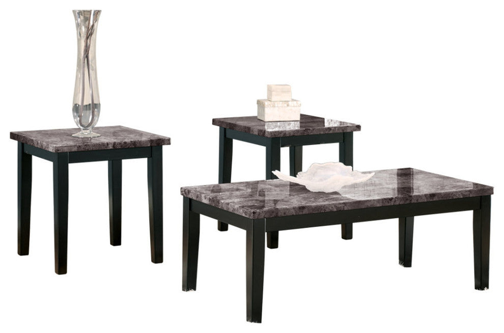 Benzara BM190138 Marble Top Table Set with Tapered Legs, Set of 3, Black/Gray