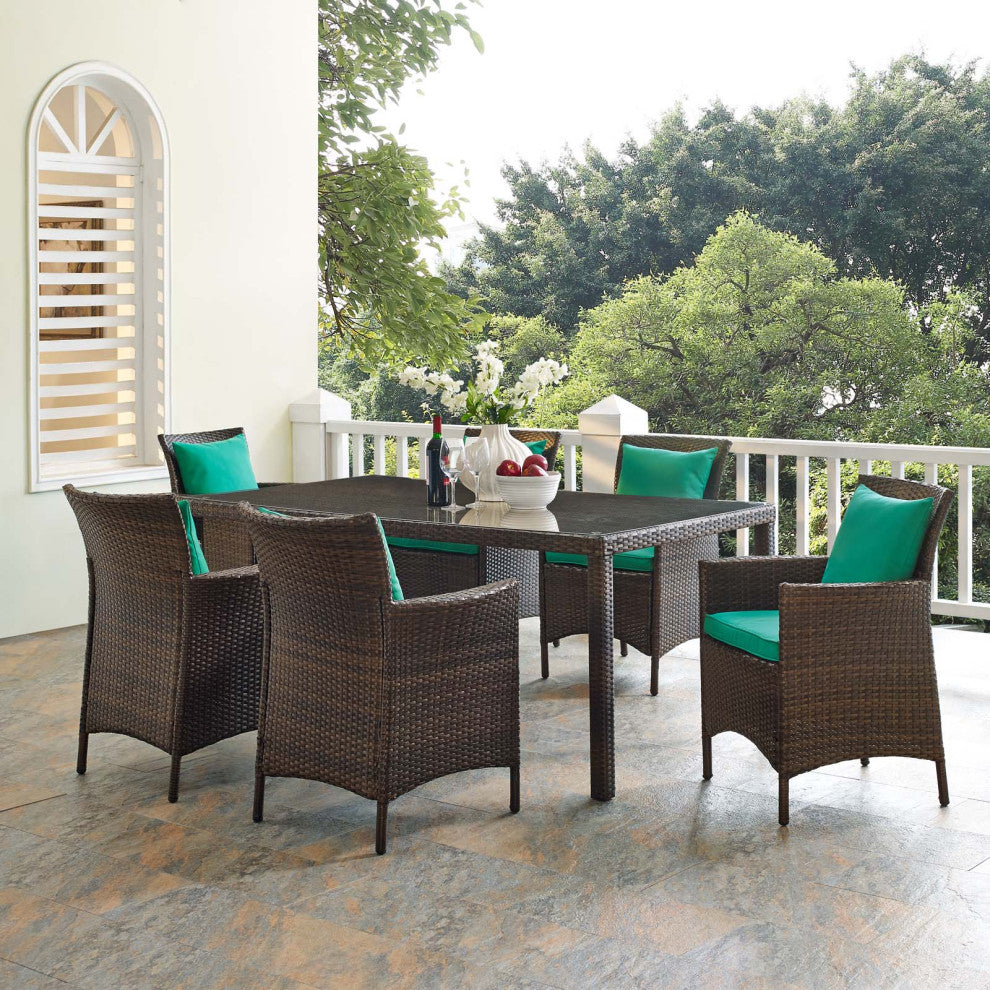 Side Dining Chair and Table Set, Rattan, Wicker, Brown Green, Modern, Outdoor