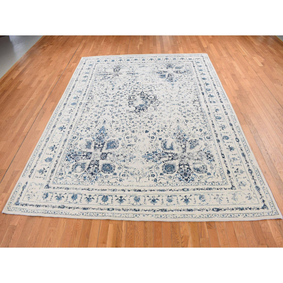 Ivory Modern Broken Design Kashan Wool and Silk Hand Knotted Rug 9'x12'1"