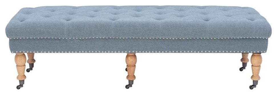 Linon Isabelle Upholstered 62" Long Bench Wood Legs in Washed Blue Linen Fabric