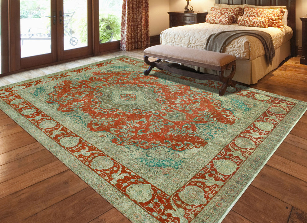 Vintage Distressed Kufuo Rust/Beige Rug, 9'4x13'7