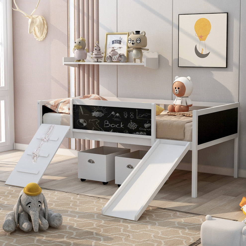 Gewnee Wood Twin Loft Bed with Two Storage Boxes and Slide in White