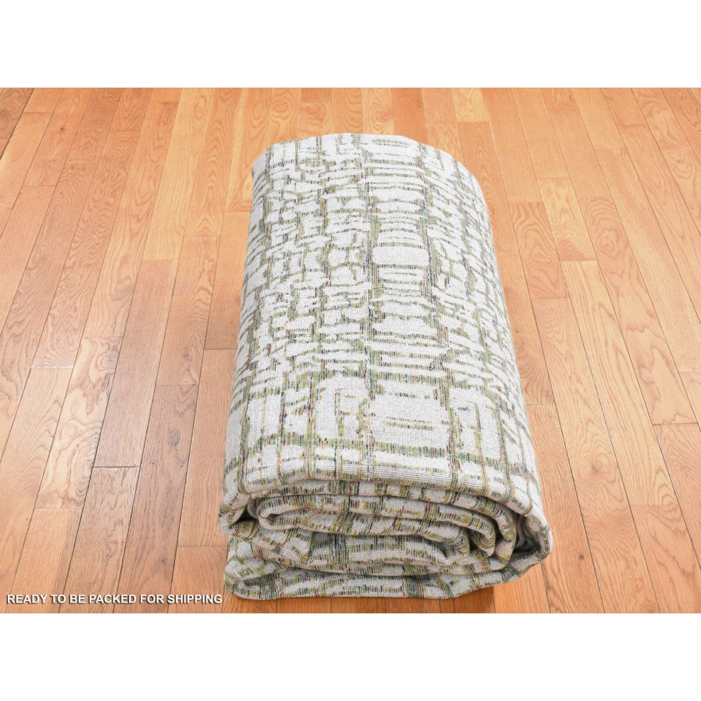 Gray Jacquard Hand Loomed Modern Design Wool and Silk Hand Loomed Rug 9'2"x11'8"