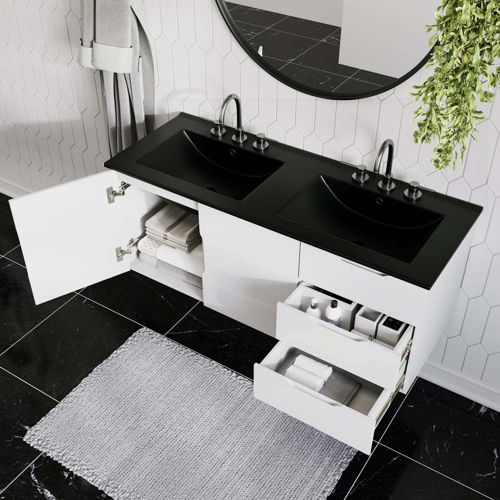 Double Sink Vanity Cabinet, Black White, Ceramic, Modern, Hotel Bathroom