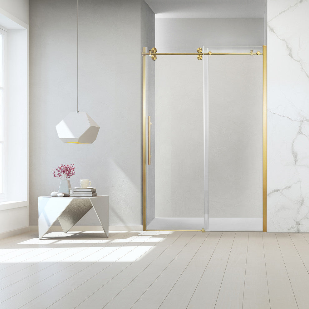 Massa 48"Wx76"H Single Sliding Frameless Shower Door, Brushed Gold